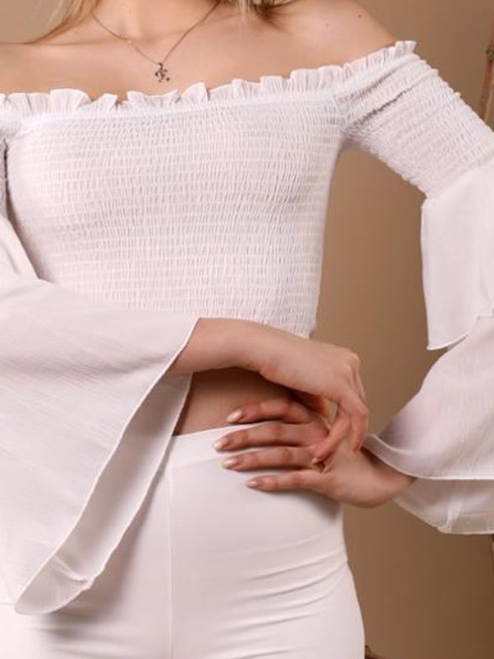 White off Shoulder Crop top with Flare Sleeve